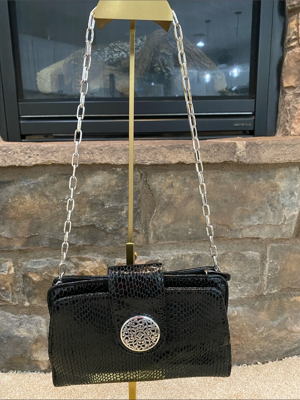 Brighton Black Textured Chain-Handle Wristlet with Silver Medallion